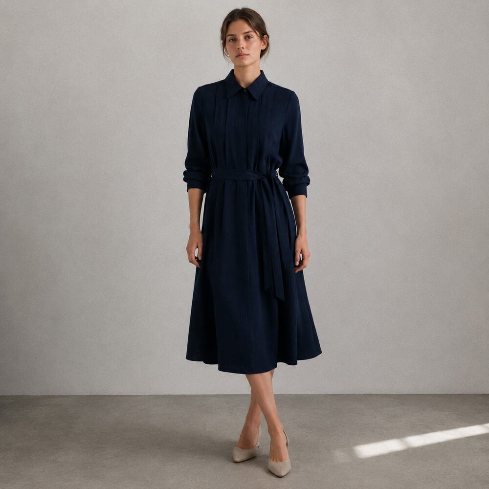 Seidensticker Crepe Shirt Midi Dress Womens 36/S Navy Long Sleeve Button NWT